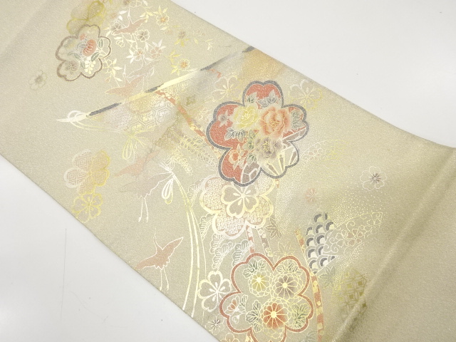 アンティーク　綴れ　箔置き　几帳に枝垂れ桜・鶴模様袋帯（材料）